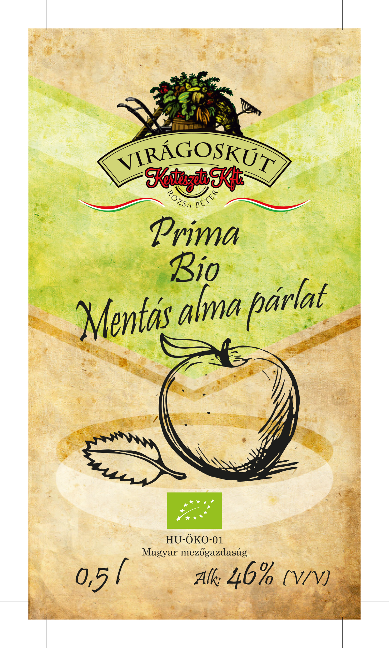 Bio mentás alma párlat - Prima 500ml 46% /Virágoskút Kft./